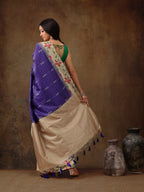 Royal Blue Silk Blend Digital Print Striped Saree with Unstitched Blouse - Hiral Fashion | Grocsy