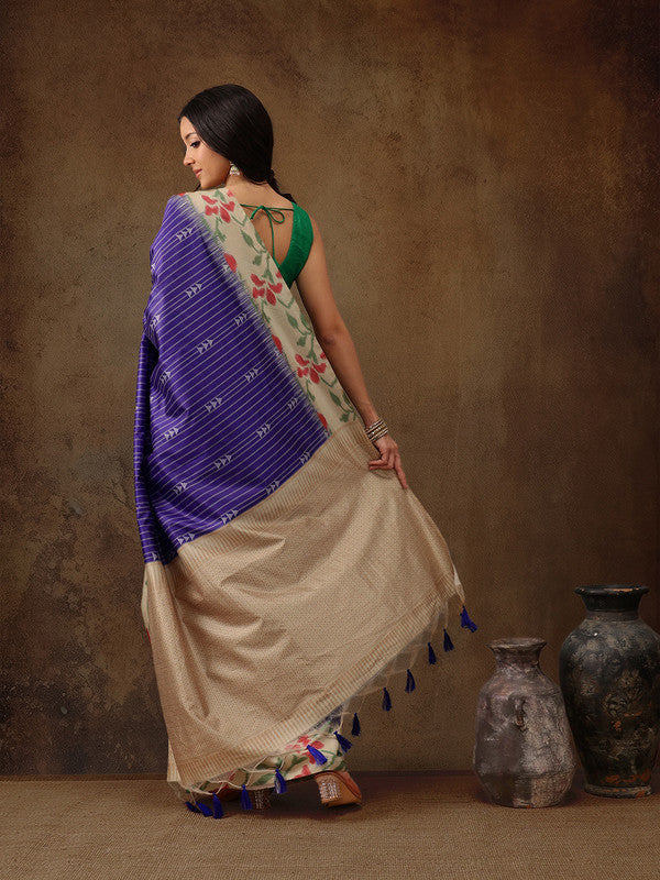 Royal Blue Silk Blend Digital Print Striped Saree with Unstitched Blouse - Hiral Fashion | Grocsy