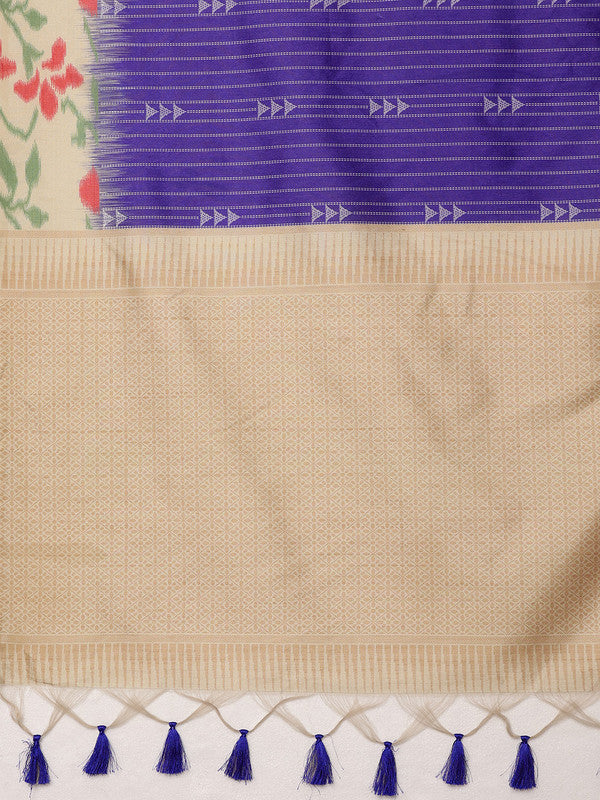 Royal Blue Silk Blend Digital Print Striped Saree with Unstitched Blouse - Hiral Fashion | Grocsy