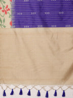 Royal Blue Silk Blend Digital Print Striped Saree with Unstitched Blouse - Hiral Fashion | Grocsy