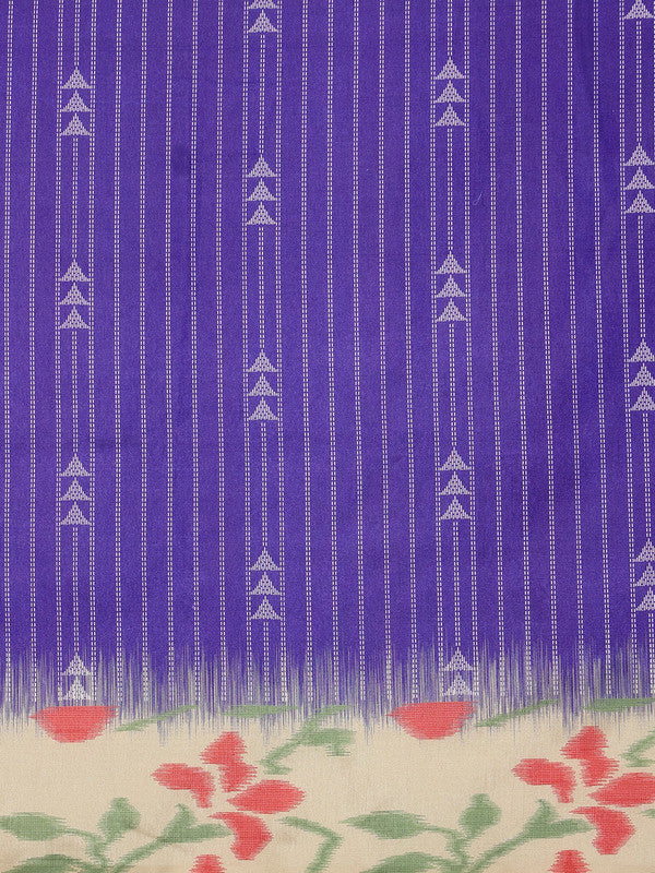 Royal Blue Silk Blend Digital Print Striped Saree with Unstitched Blouse - Hiral Fashion | Grocsy