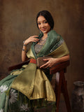 Green Munga Silk Digital Print Floral Saree with Unstitched Blouse - Hiral Fashion | Grocsy