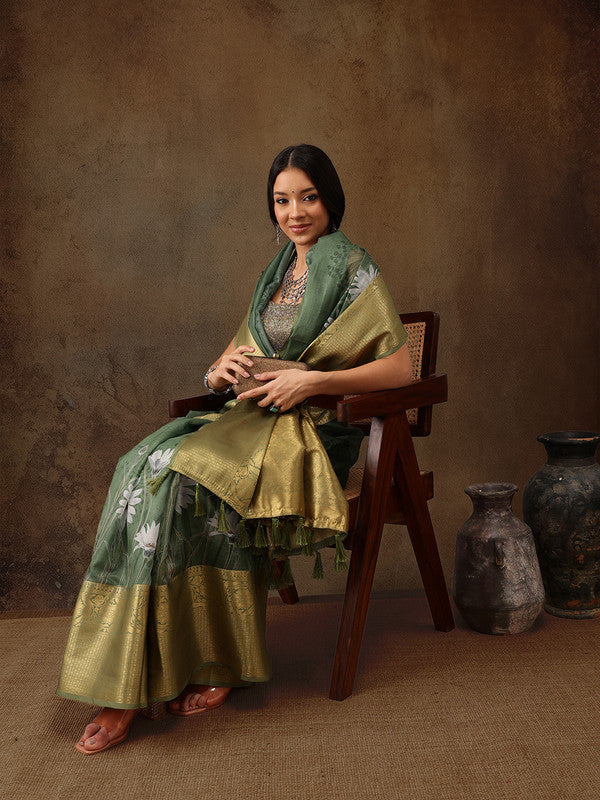 Green Munga Silk Digital Print Floral Saree with Unstitched Blouse - Hiral Fashion | Grocsy