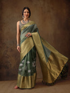 Green Munga Silk Digital Print Floral Saree with Unstitched Blouse - Hiral Fashion | Grocsy