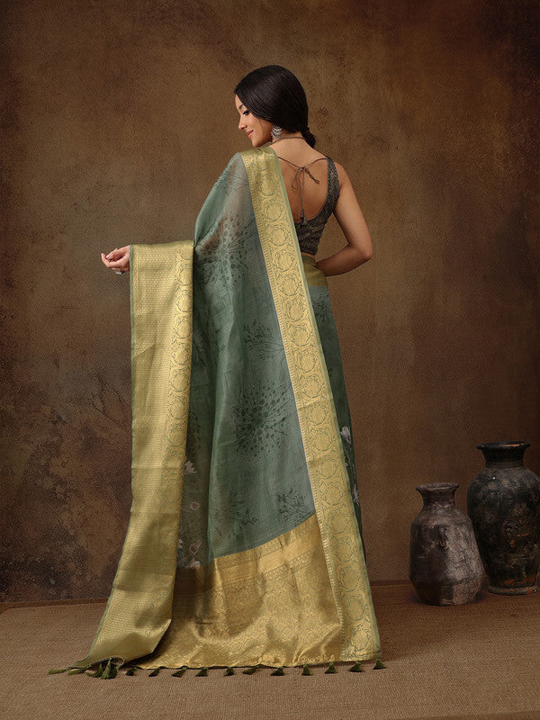 Green Munga Silk Digital Print Floral Saree with Unstitched Blouse - Hiral Fashion | Grocsy