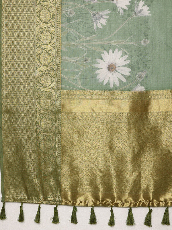 Green Munga Silk Digital Print Floral Saree with Unstitched Blouse - Hiral Fashion | Grocsy