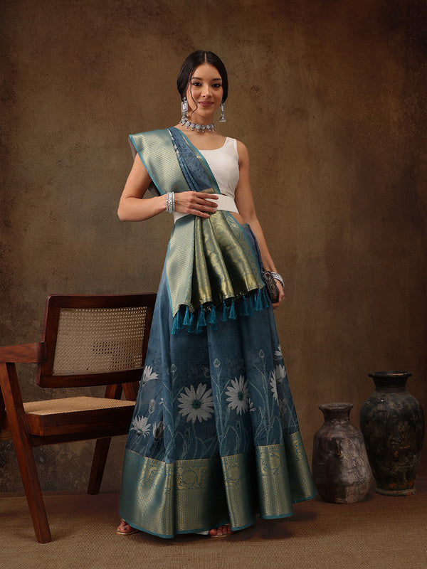 Turquoise Munga Silk Digital Print Floral Saree with Unstitched Blouse - Hiral Fashion | Grocsy