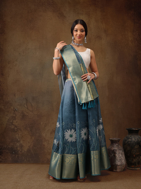 Turquoise Munga Silk Digital Print Floral Saree with Unstitched Blouse - Hiral Fashion | Grocsy
