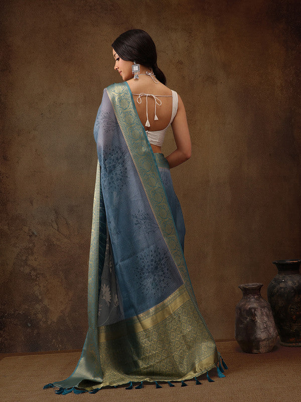 Turquoise Munga Silk Digital Print Floral Saree with Unstitched Blouse - Hiral Fashion | Grocsy