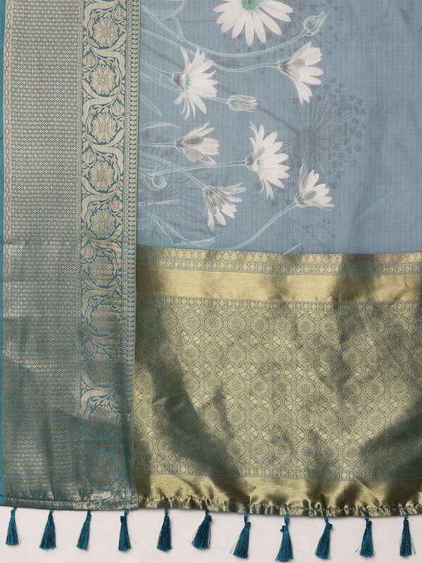 Turquoise Munga Silk Digital Print Floral Saree with Unstitched Blouse - Hiral Fashion | Grocsy