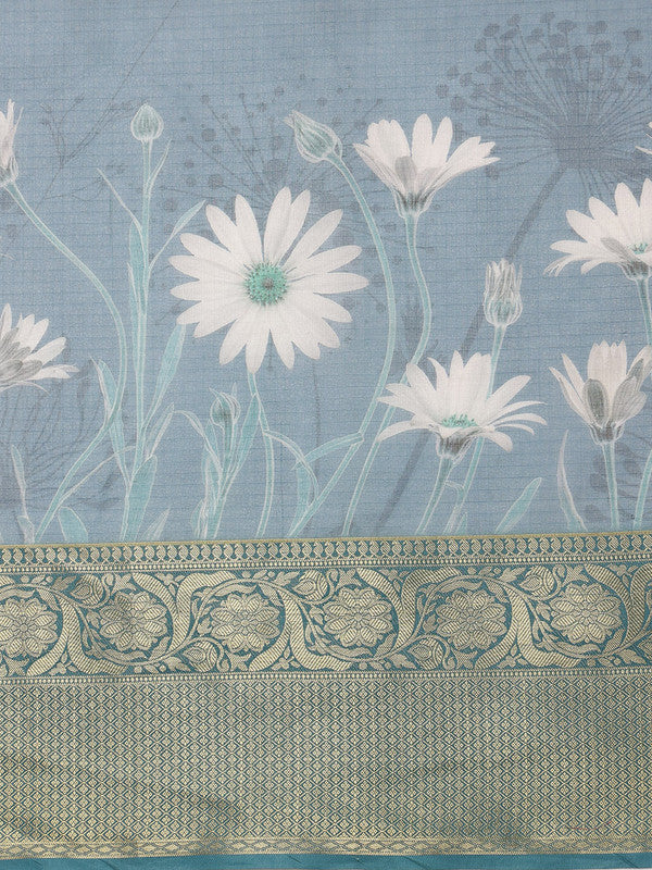 Turquoise Munga Silk Digital Print Floral Saree with Unstitched Blouse - Hiral Fashion | Grocsy