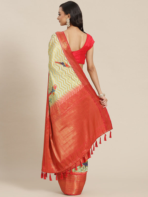 Green Art Silk Printed Abstract Saree with Unstitched Blouse - Hiral Fashion | Grocsy