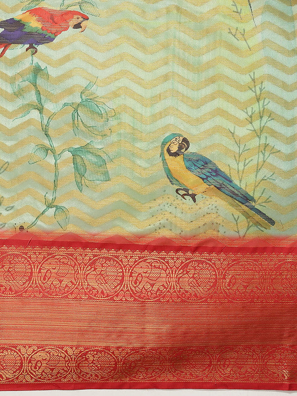 Green Art Silk Printed Abstract Saree with Unstitched Blouse - Hiral Fashion | Grocsy