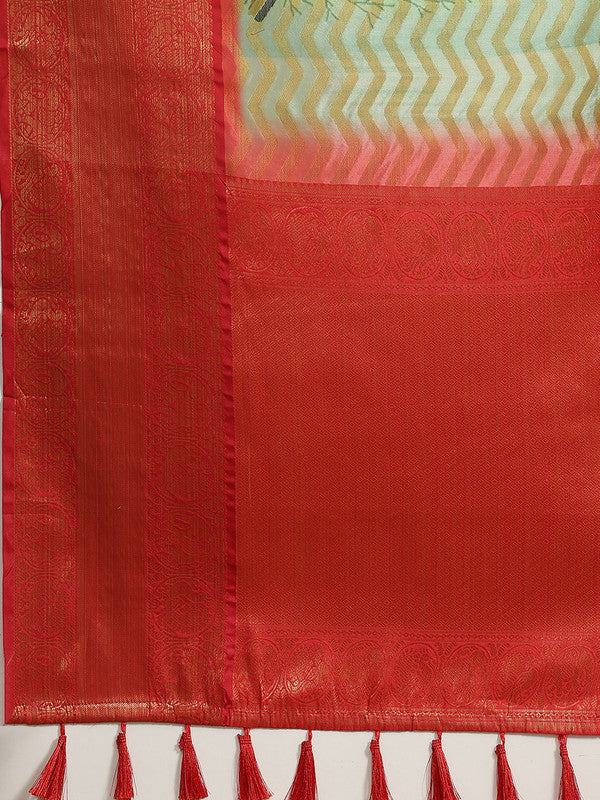 Green Art Silk Printed Abstract Saree with Unstitched Blouse - Hiral Fashion | Grocsy