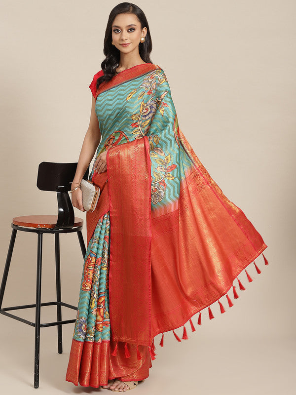 Turquoise Art Silk Printed Abstract Saree with Unstitched Blouse - Hiral Fashion | Grocsy