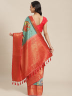 Turquoise Art Silk Printed Abstract Saree with Unstitched Blouse - Hiral Fashion | Grocsy