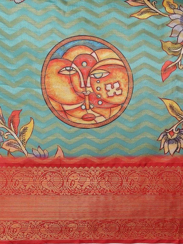 Turquoise Art Silk Printed Abstract Saree with Unstitched Blouse - Hiral Fashion | Grocsy