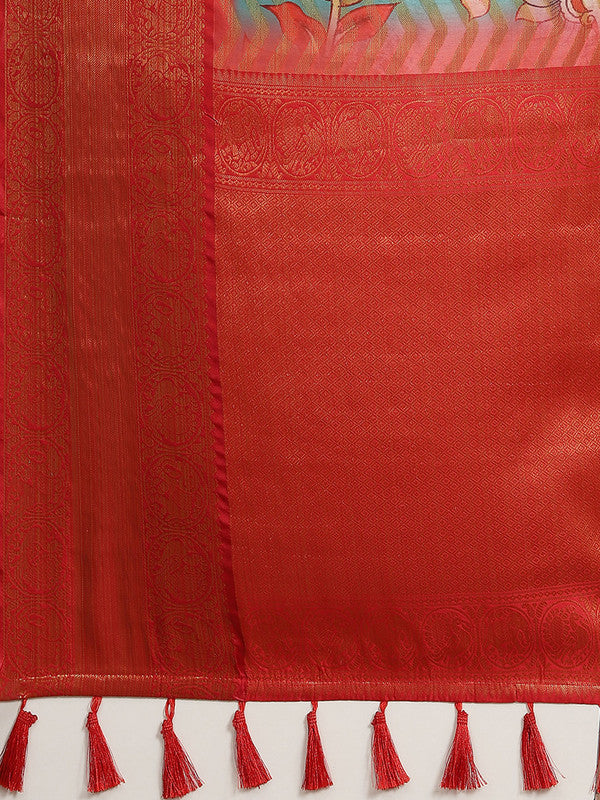 Turquoise Art Silk Printed Abstract Saree with Unstitched Blouse - Hiral Fashion | Grocsy