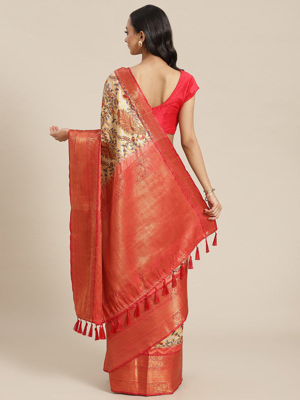 White Art Silk Printed Abstract Saree with Unstitched Blouse - Hiral Fashion | Grocsy