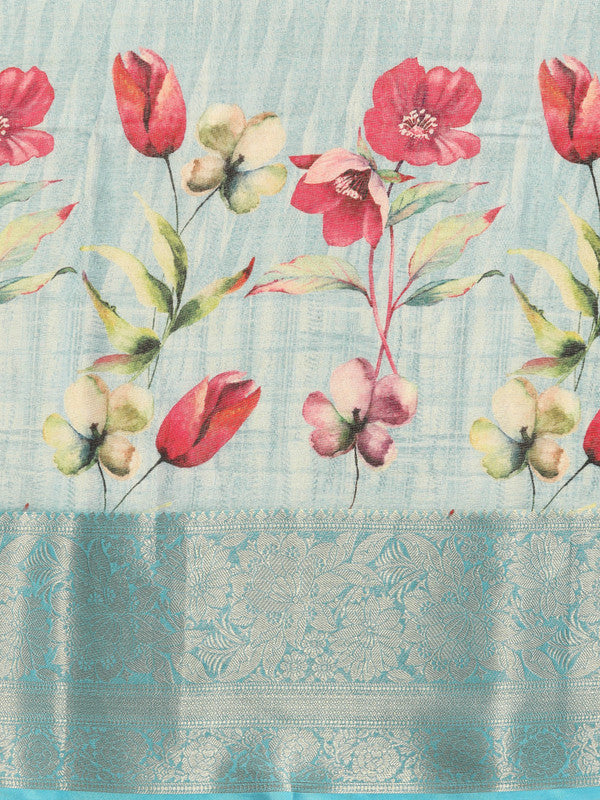 Blue Tissue Silk Digital Print Floral Saree with Unstitched Blouse - Hiral Fashion | Grocsy