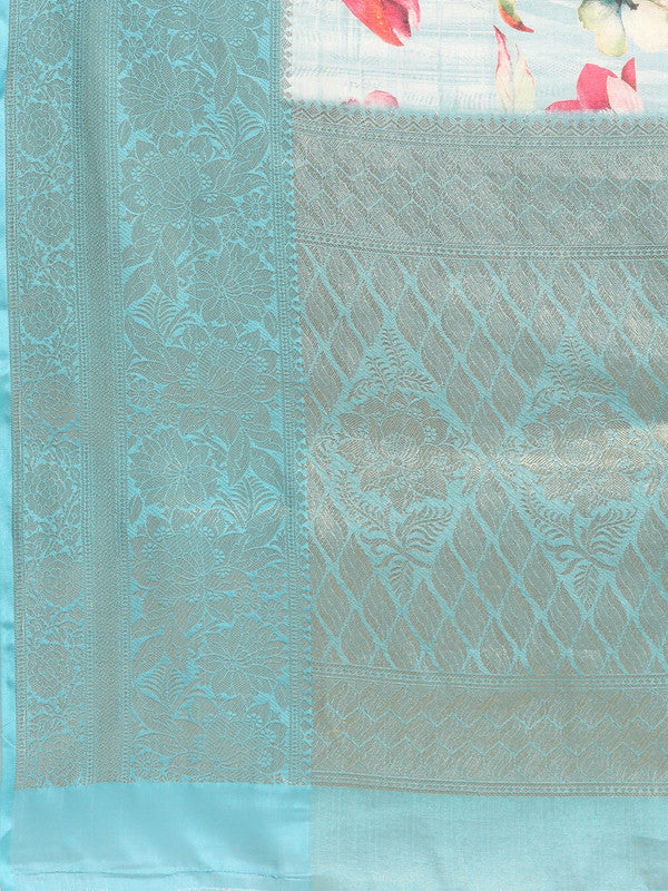 Blue Tissue Silk Digital Print Floral Saree with Unstitched Blouse - Hiral Fashion | Grocsy