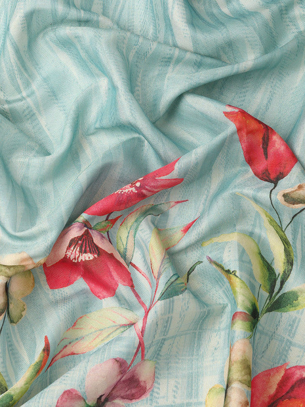 Blue Tissue Silk Digital Print Floral Saree with Unstitched Blouse - Hiral Fashion | Grocsy