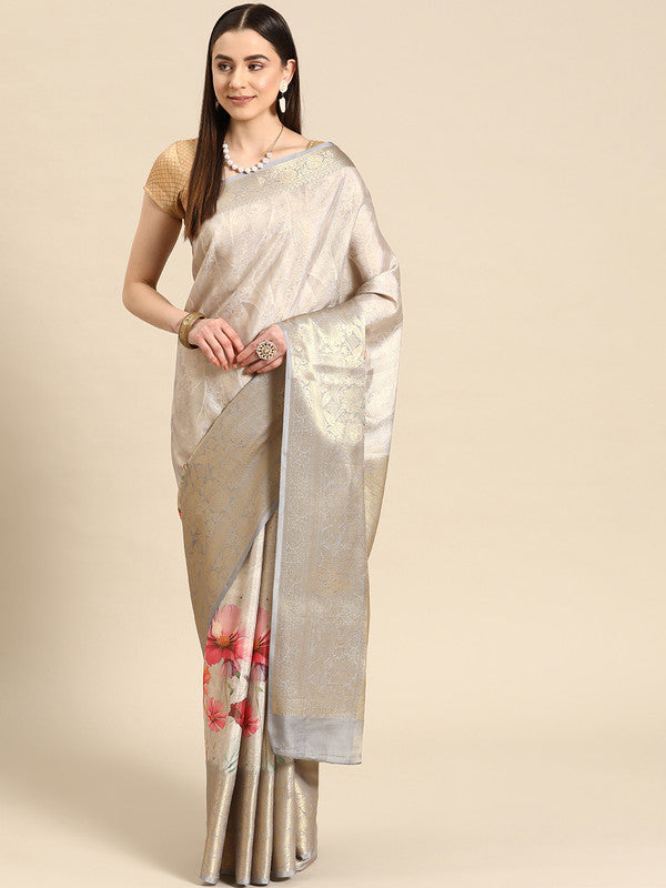 Gray Tissue Silk Digital Print Floral Saree with Unstitched Blouse - Hiral Fashion | Grocsy