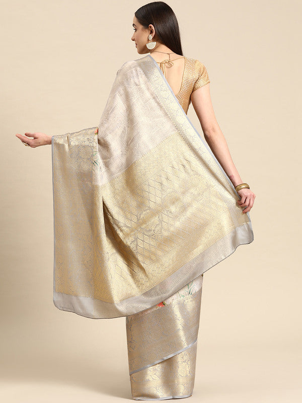 Gray Tissue Silk Digital Print Floral Saree with Unstitched Blouse - Hiral Fashion | Grocsy