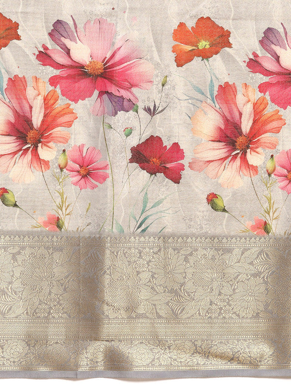 Gray Tissue Silk Digital Print Floral Saree with Unstitched Blouse - Hiral Fashion | Grocsy