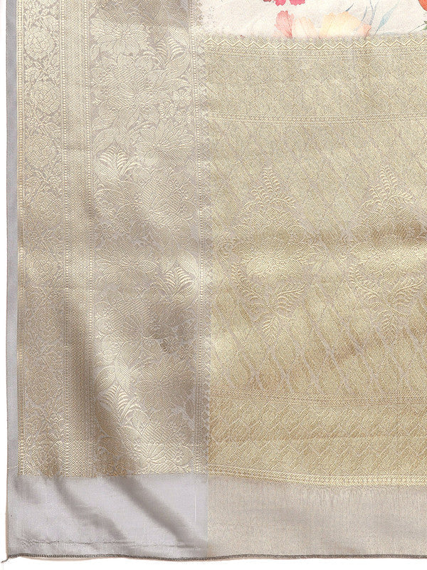 Gray Tissue Silk Digital Print Floral Saree with Unstitched Blouse - Hiral Fashion | Grocsy