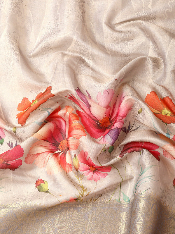 Gray Tissue Silk Digital Print Floral Saree with Unstitched Blouse - Hiral Fashion | Grocsy