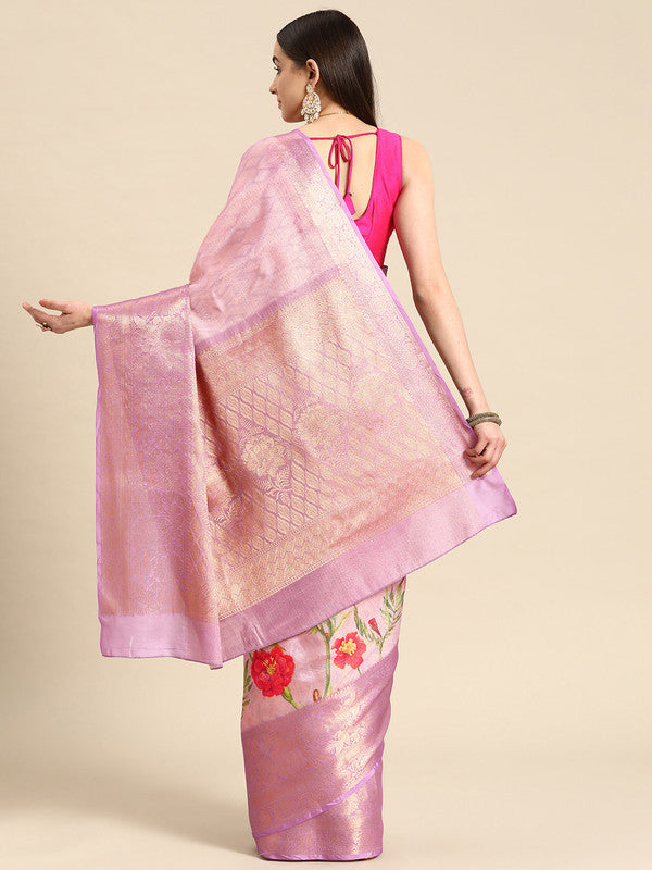 Lavender Tissue Silk Digital Print Floral Saree with Unstitched Blouse - Hiral Fashion | Grocsy