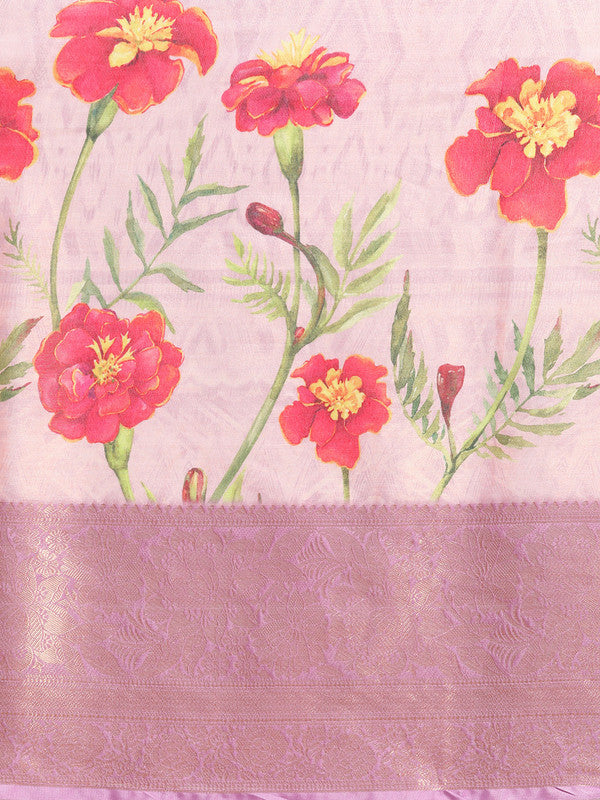 Lavender Tissue Silk Digital Print Floral Saree with Unstitched Blouse - Hiral Fashion | Grocsy