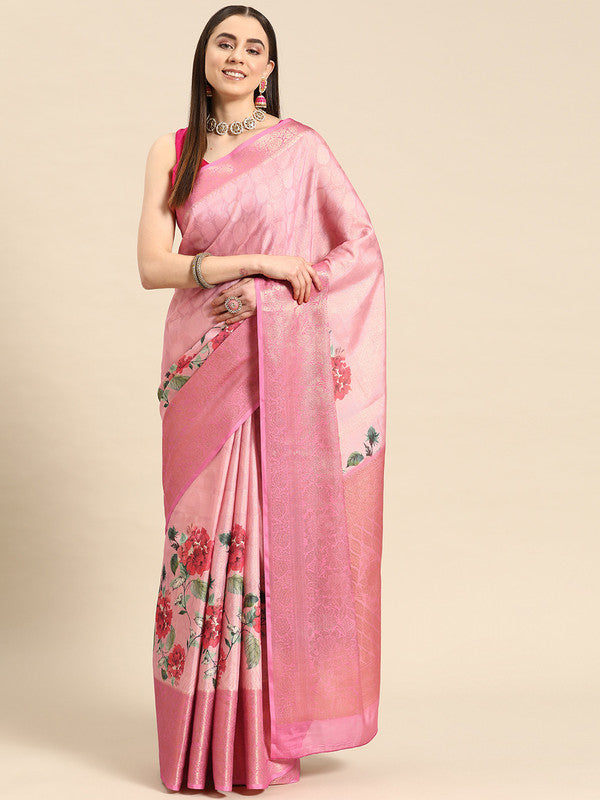 Pink Tissue Silk Digital Print Floral Saree with Unstitched Blouse - Hiral Fashion | Grocsy