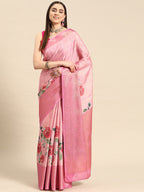 Pink Tissue Silk Digital Print Floral Saree with Unstitched Blouse - Hiral Fashion | Grocsy