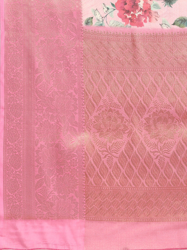 Pink Tissue Silk Digital Print Floral Saree with Unstitched Blouse - Hiral Fashion | Grocsy