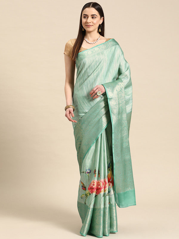 Turquoise Tissue Silk Digital Print Floral Saree with Unstitched Blouse - Hiral Fashion | Grocsy