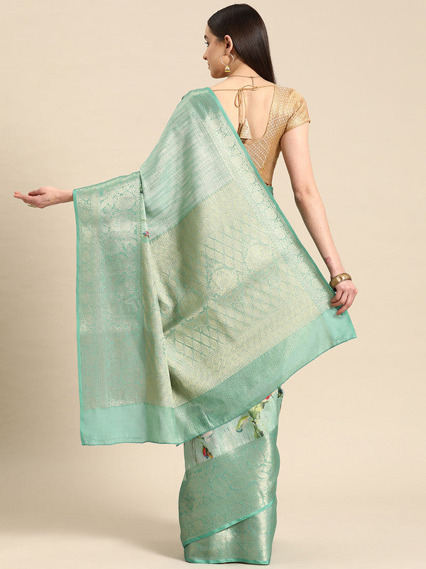 Turquoise Tissue Silk Digital Print Floral Saree with Unstitched Blouse - Hiral Fashion | Grocsy
