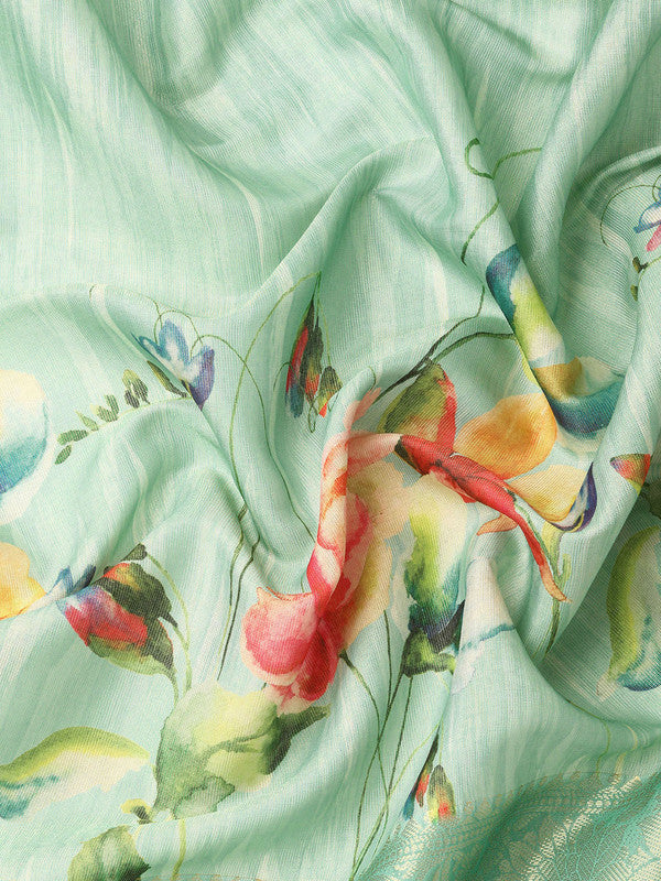 Turquoise Tissue Silk Digital Print Floral Saree with Unstitched Blouse - Hiral Fashion | Grocsy