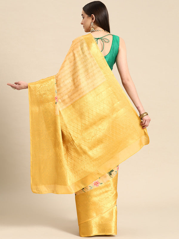 Yellow Tissue Silk Digital Print Floral Saree with Unstitched Blouse - Hiral Fashion | Grocsy