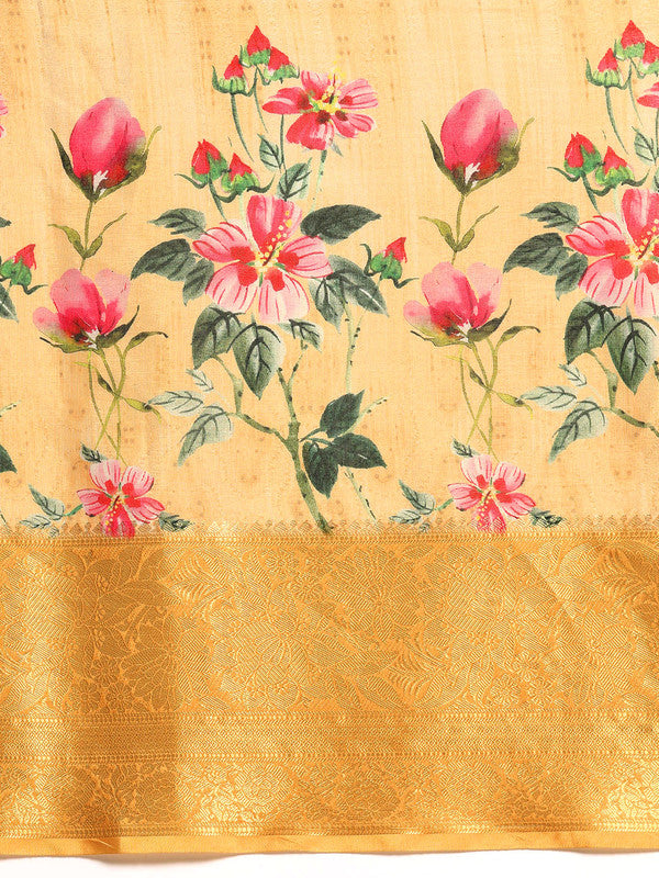 Yellow Tissue Silk Digital Print Floral Saree with Unstitched Blouse - Hiral Fashion | Grocsy