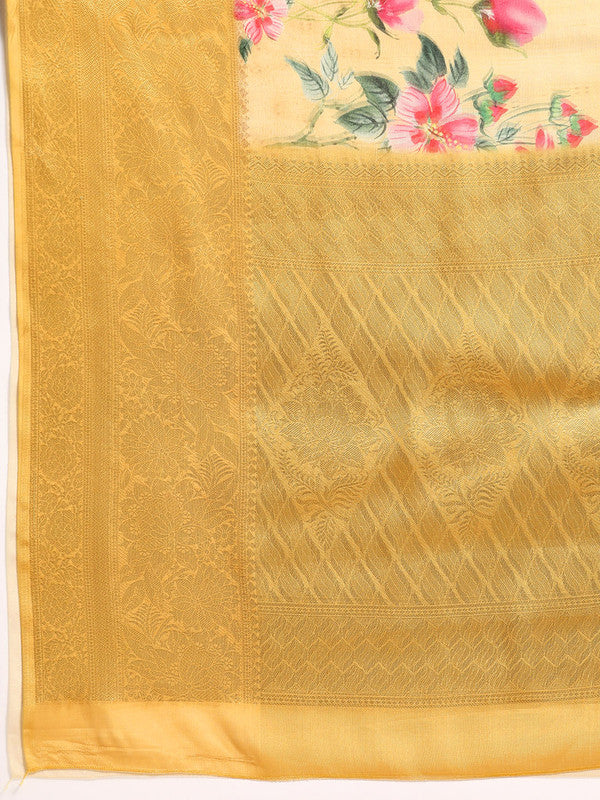 Yellow Tissue Silk Digital Print Floral Saree with Unstitched Blouse - Hiral Fashion | Grocsy