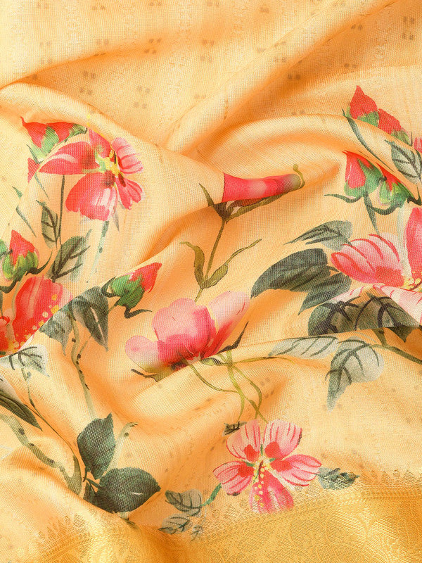Yellow Tissue Silk Digital Print Floral Saree with Unstitched Blouse - Hiral Fashion | Grocsy