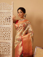 Hiral Fashion Beige Banarasi Muga Silk Pichwai Digital Printed Saree | Grocsy