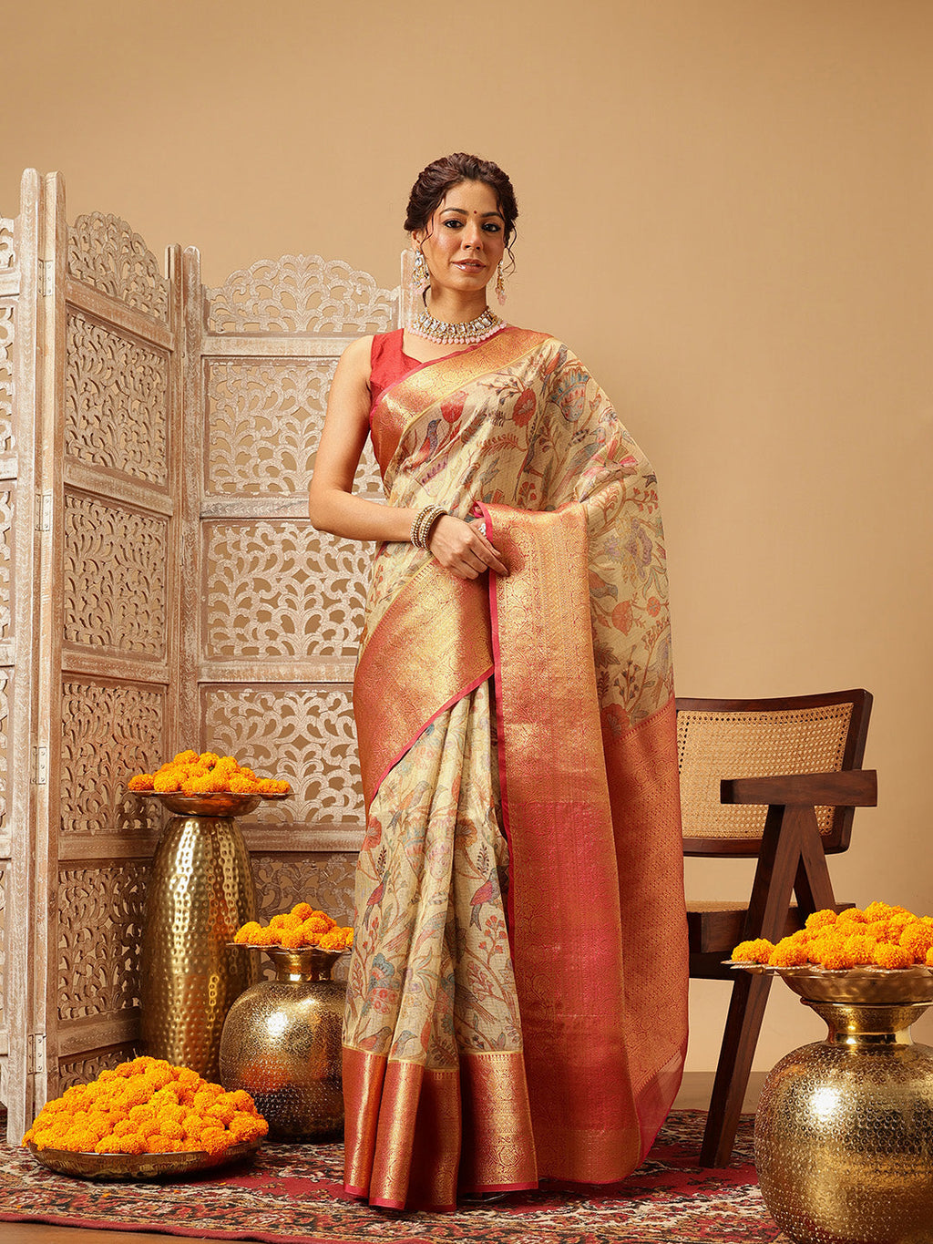 Hiral Fashion Beige Banarasi Muga Silk Pichwai Digital Printed Saree | Grocsy
