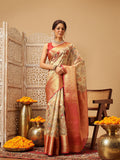 Hiral Fashion Beige Banarasi Muga Silk Pichwai Digital Printed Saree | Grocsy