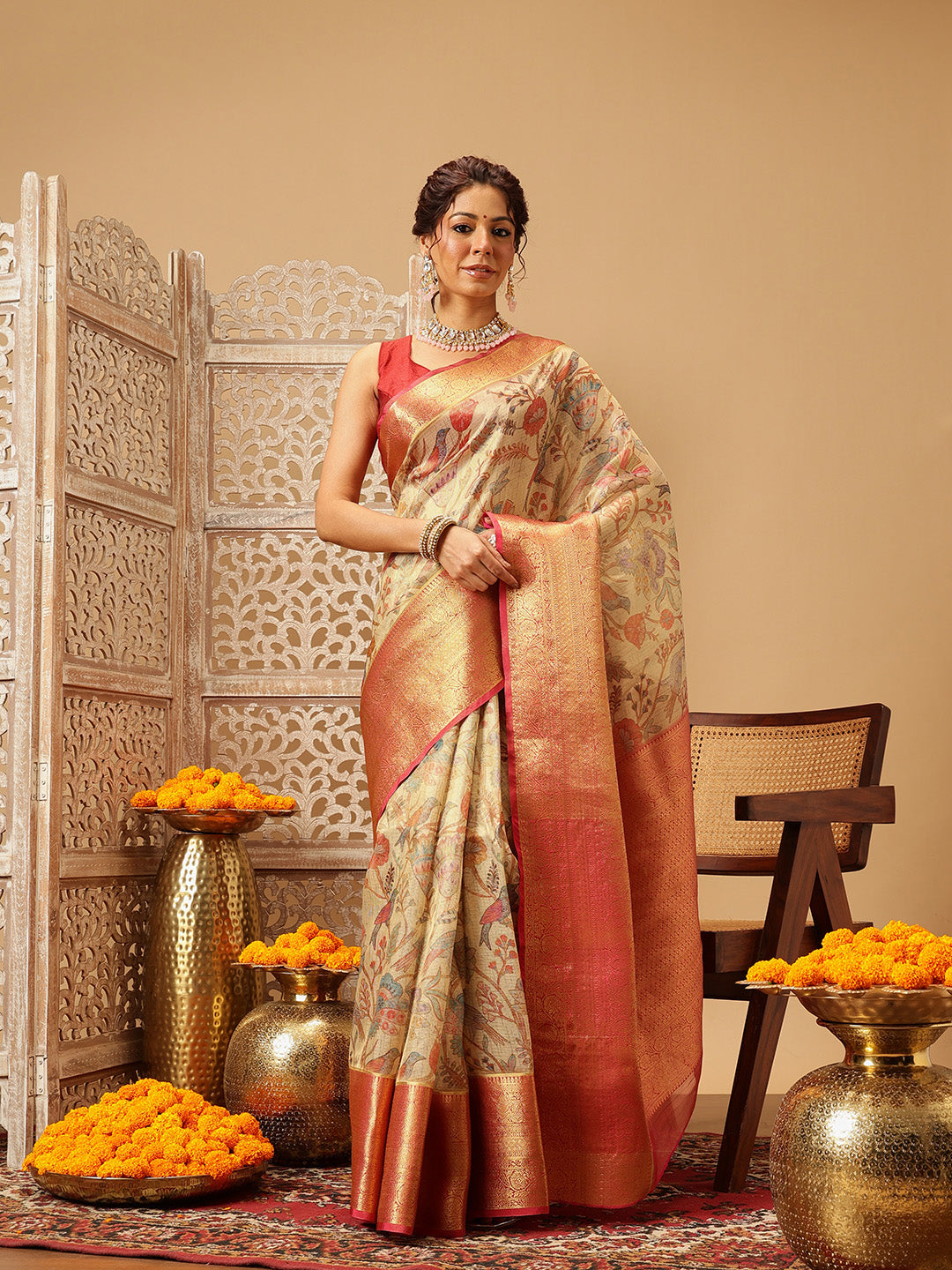 Hiral Fashion Beige Banarasi Muga Silk Pichwai Digital Printed Saree | Grocsy