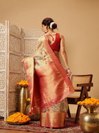 Hiral Fashion Beige Banarasi Muga Silk Pichwai Digital Printed Saree | Grocsy
