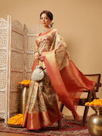 Hiral Fashion Beige Banarasi Muga Silk Pichwai Digital Printed Saree | Grocsy