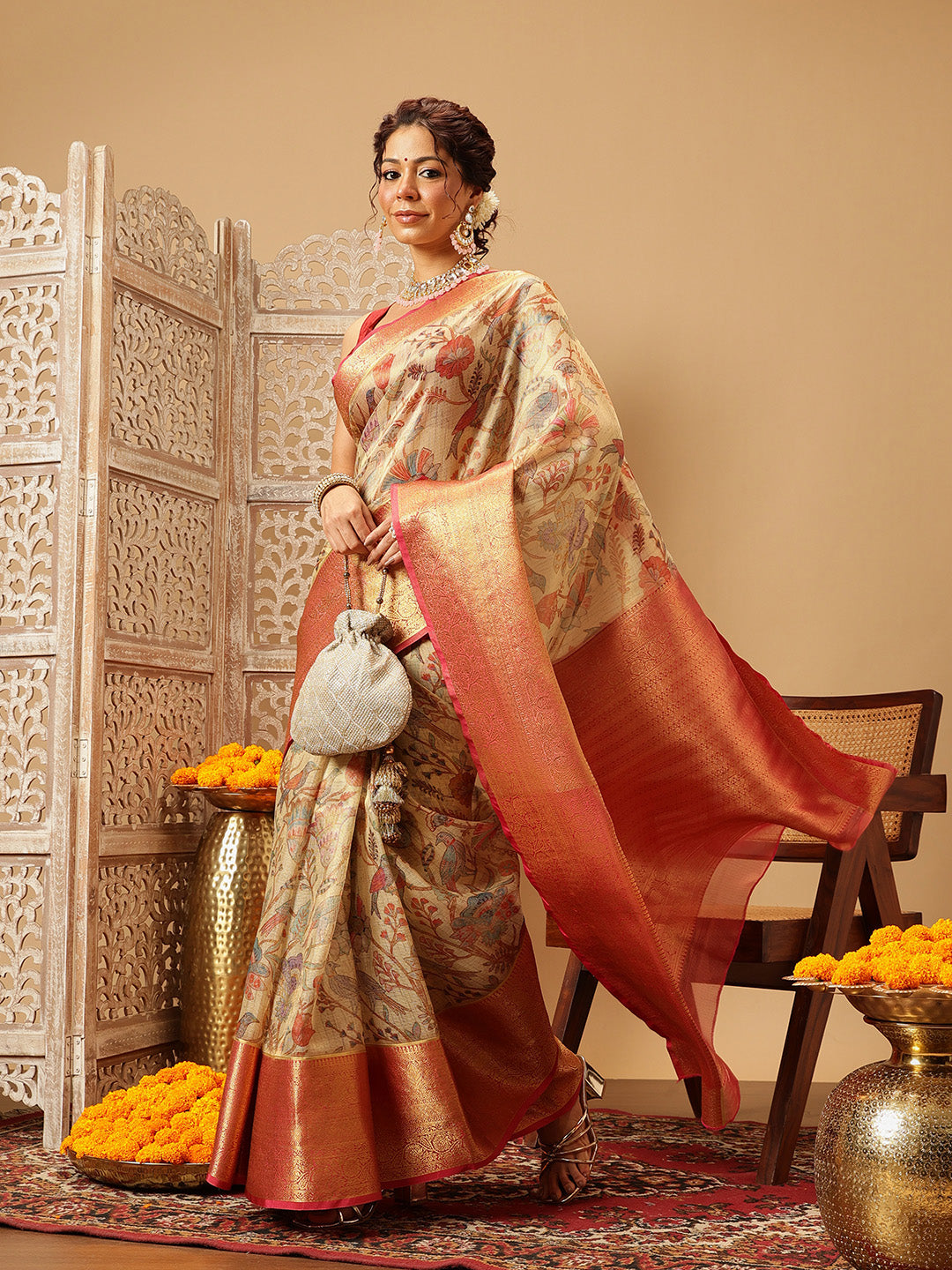 Hiral Fashion Beige Banarasi Muga Silk Pichwai Digital Printed Saree | Grocsy